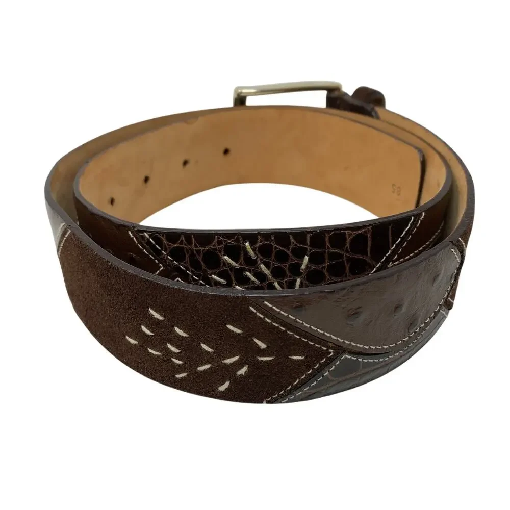 Etro Leather Belt Brown Patchwork Leather Decorative Stitching Size 85 US 34